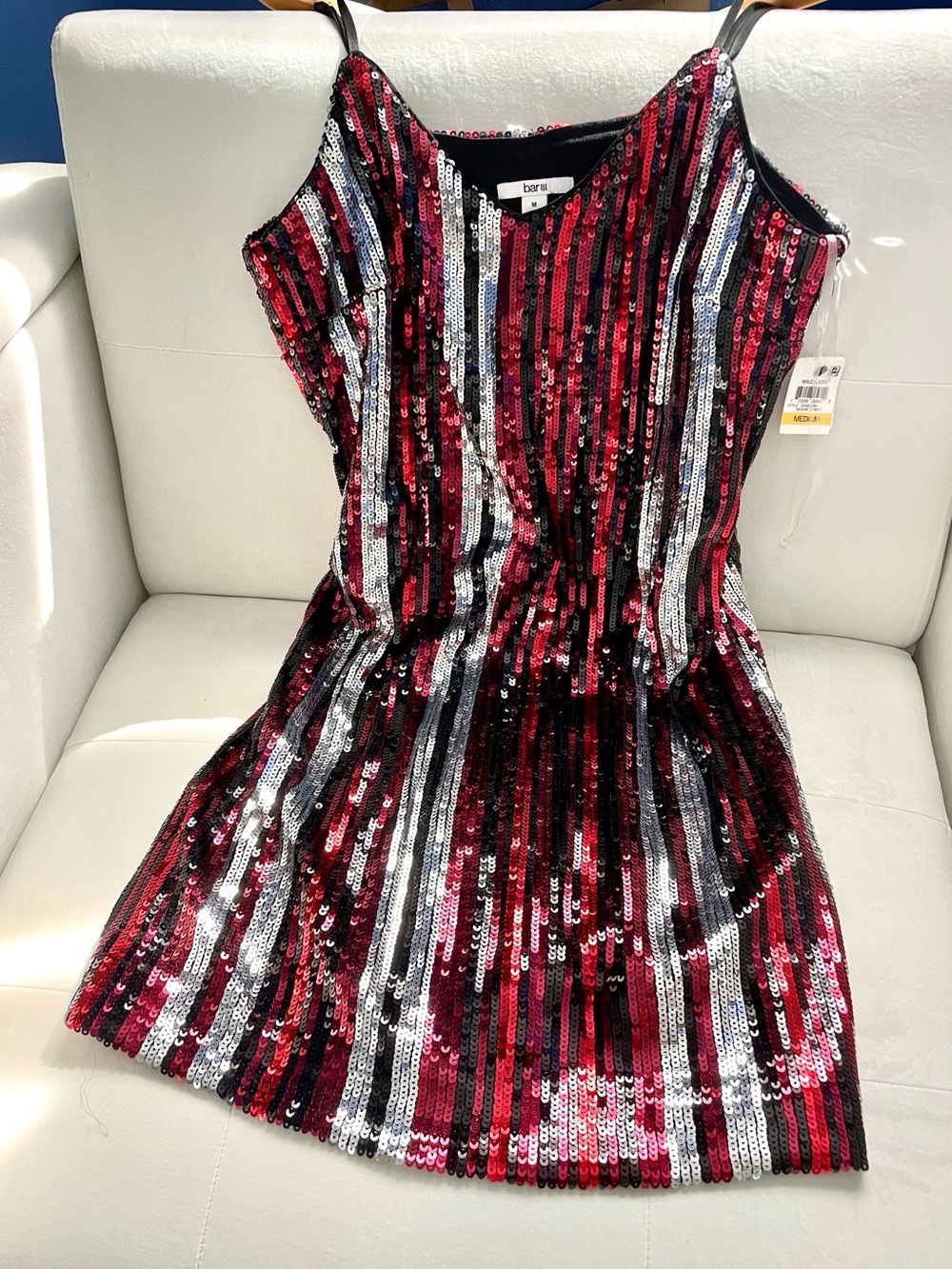 NWT BAR 111 red silver black sequined vertical stripe shift mini dress M